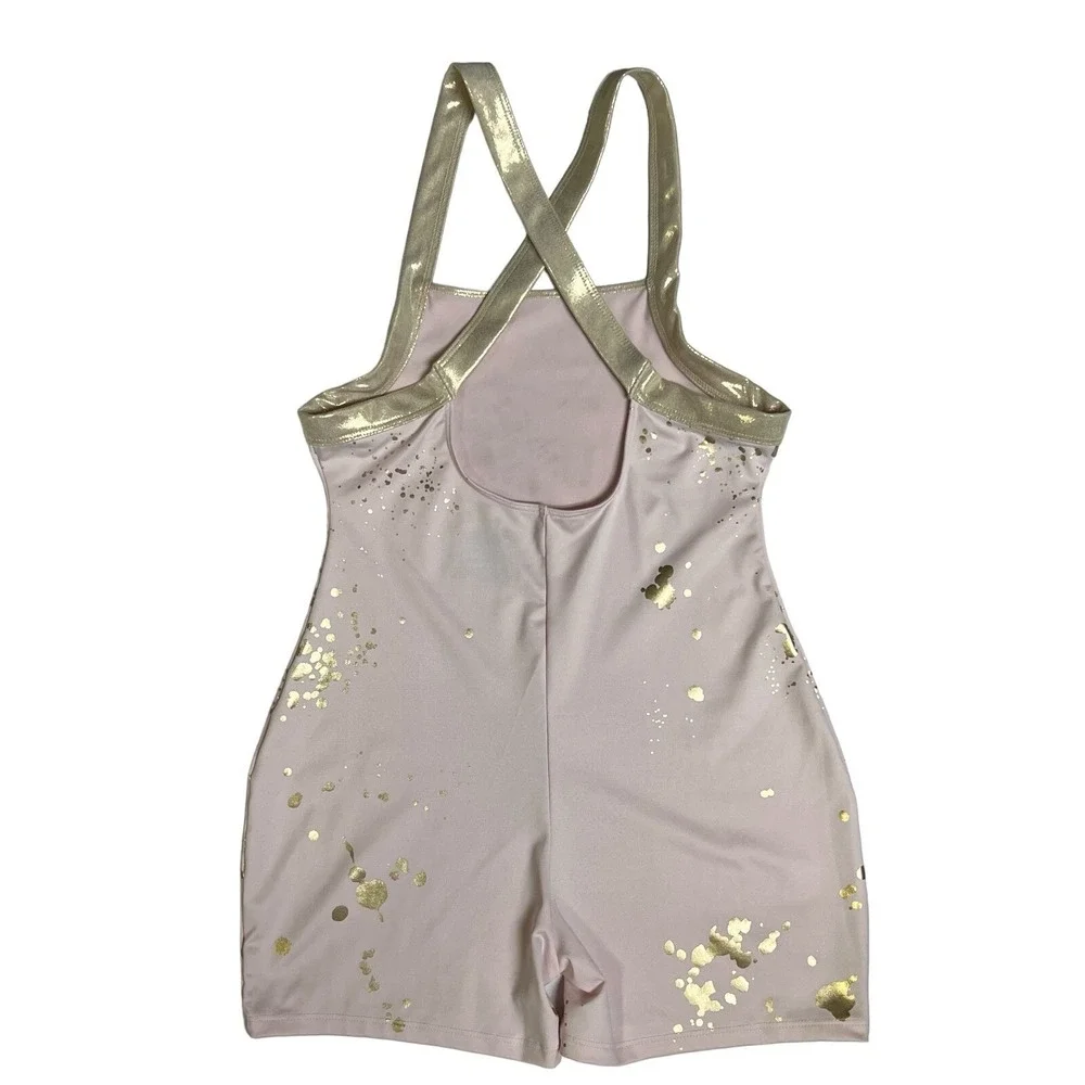 Justice Biketard Girls XL 16/18 Pink Gold‎ Strappy Back Dance Gymnastics Sparkle